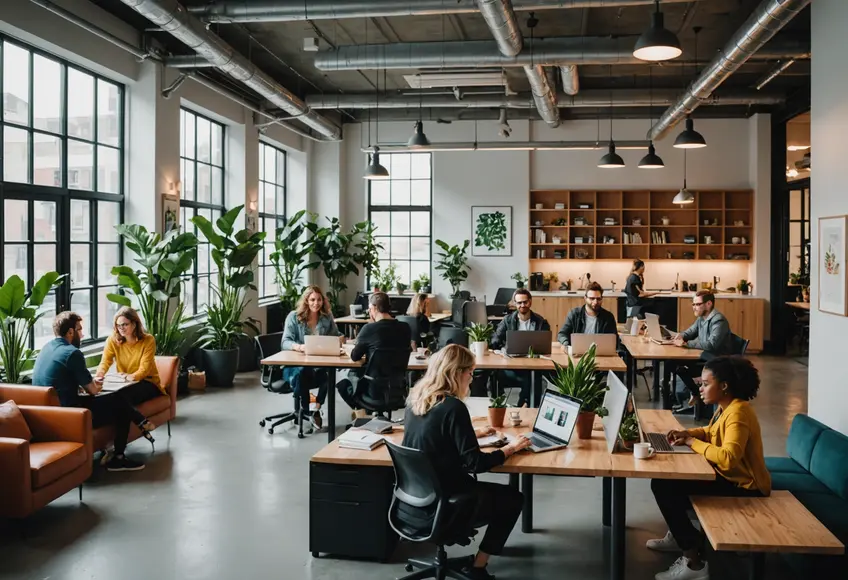 The vibrant and collaborative environment of a modern coworking space, bustling with activity and innovation.