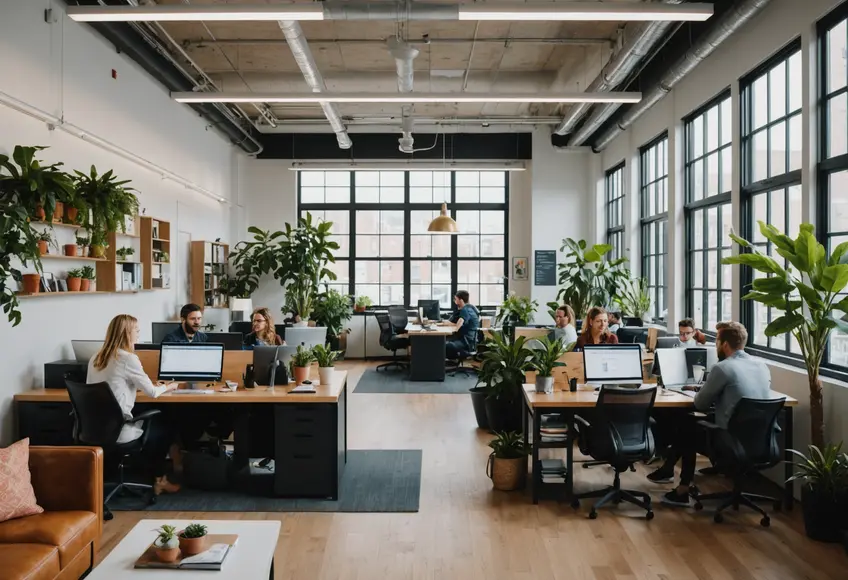 A modern, vibrant coworking space with individuals working collaboratively and independently