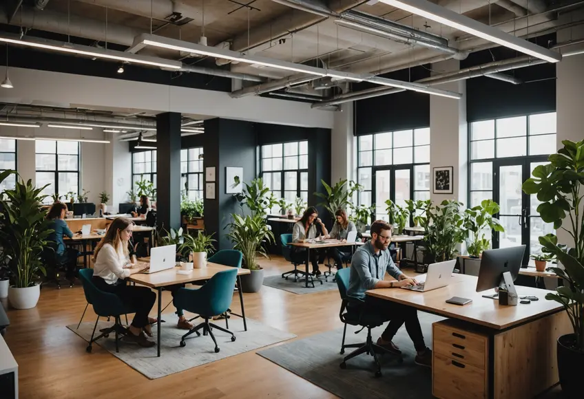 Professionals collaborating in a modern coworking space in Surat