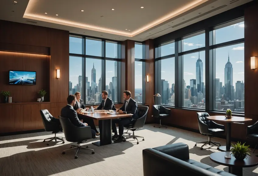 Professionals collaborating in a modern coworking space