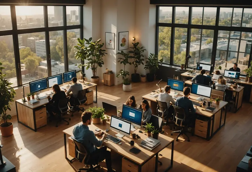 Dynamic professionals collaborating in a bright, modern coworking space