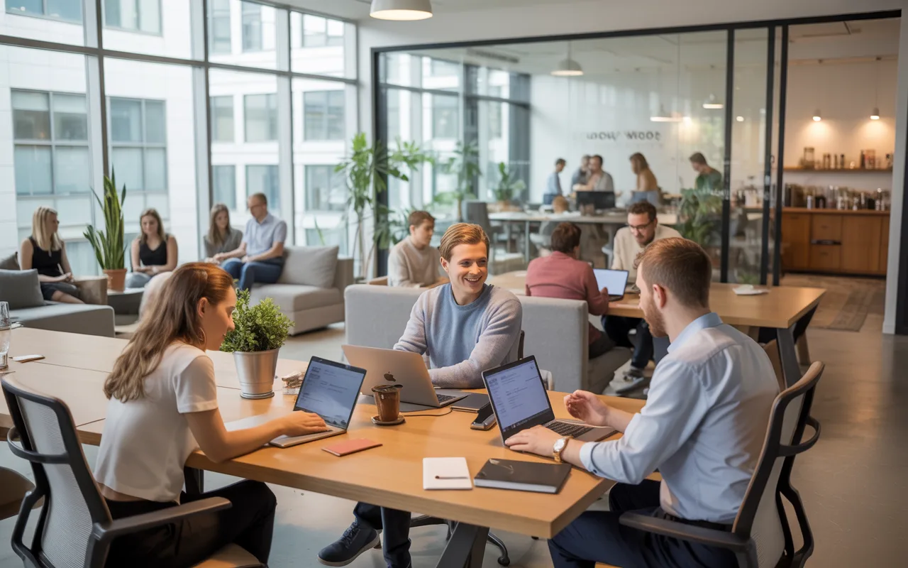 Modern coworking space with people working on laptops at shared tables and relaxing on couches in a bright, open office environment.