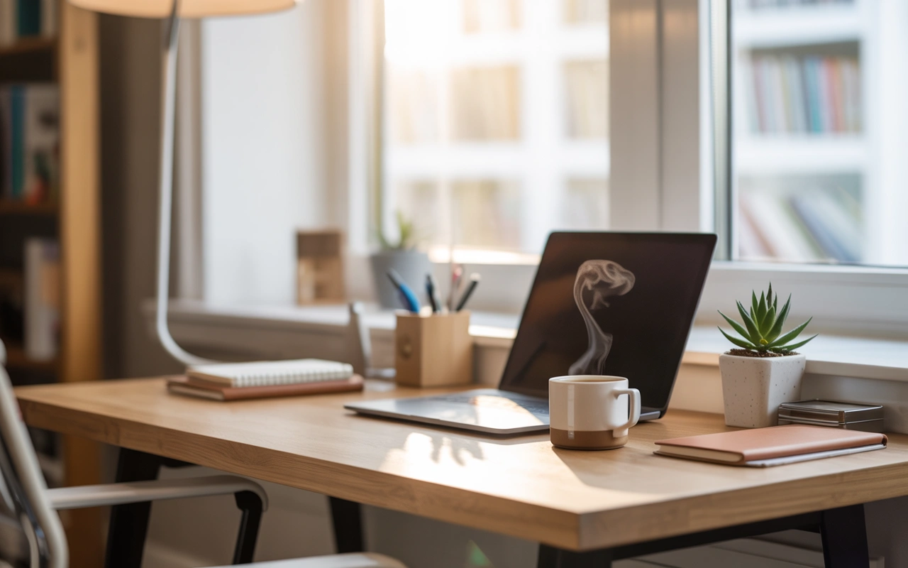 A modern, clean office workspace with a laptop, desk organizer, notebook, and potted plant, creating a well-organized and productive work environment.