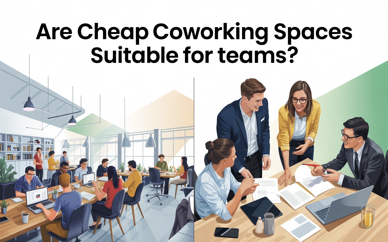 A modern, detailed infographic illustration exploring whether affordable coworking spaces are suitable for teams, featuring images of a busy coworking space and a group of professionals collaborating around a table.