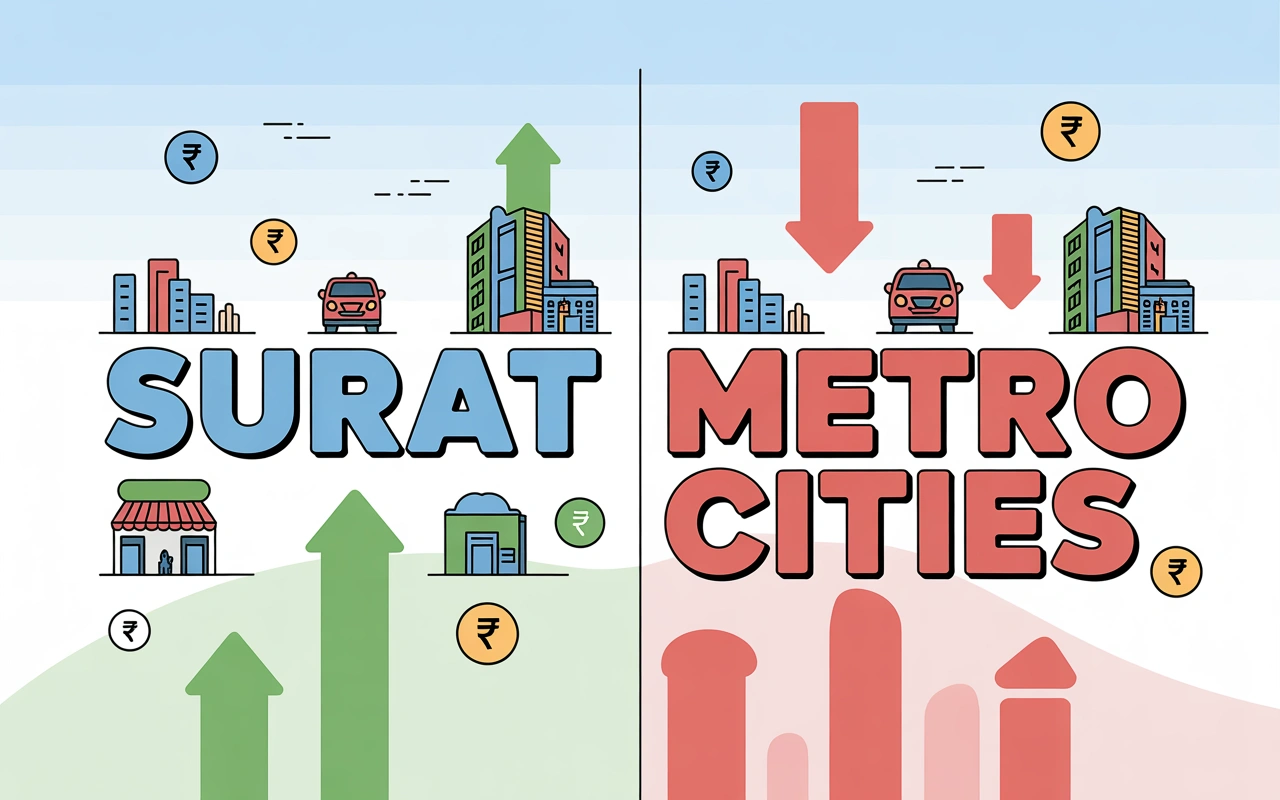 A comparison infographic highlighting the economic growth of Surat versus metropolitan cities, using icons and arrows to depict rising trends in Surat and falling trends in metro cities, with visual elements like buildings, cars, and currency symbols.