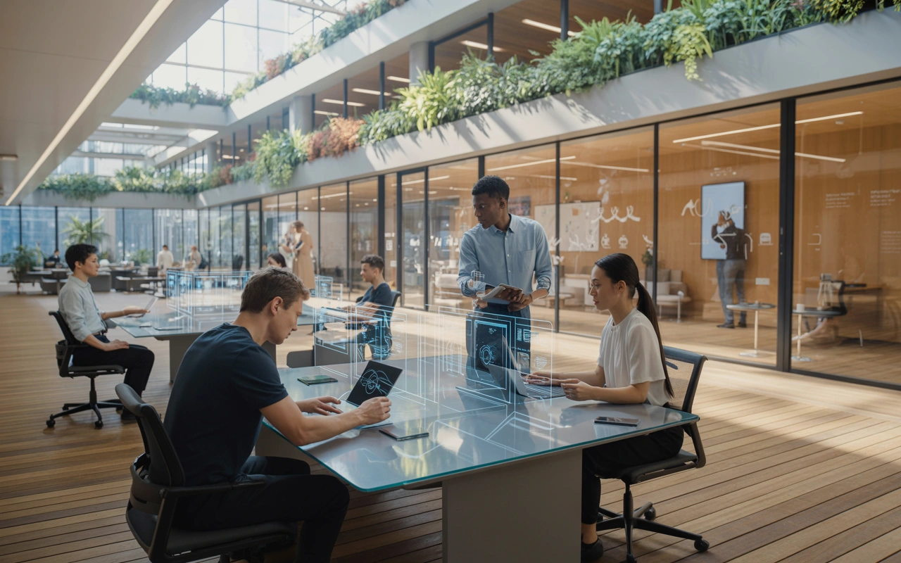 A modern and futuristic coworking space with multiple people working at transparent digital tables, surrounded by a plant-filled environment. The workspace showcases an innovative office setting with advanced technology, emphasizing a collaborative and high-tech atmosphere.
