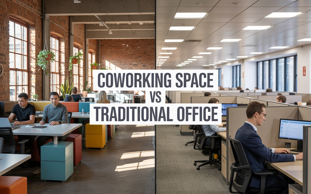 A split-screen comparison showing two office environments. On the left, a vibrant and open coworking space with colorful furniture and relaxed workspaces. On the right, a traditional office with cubicles and formal, structured workspaces, highlighting the contrast between the two office styles.