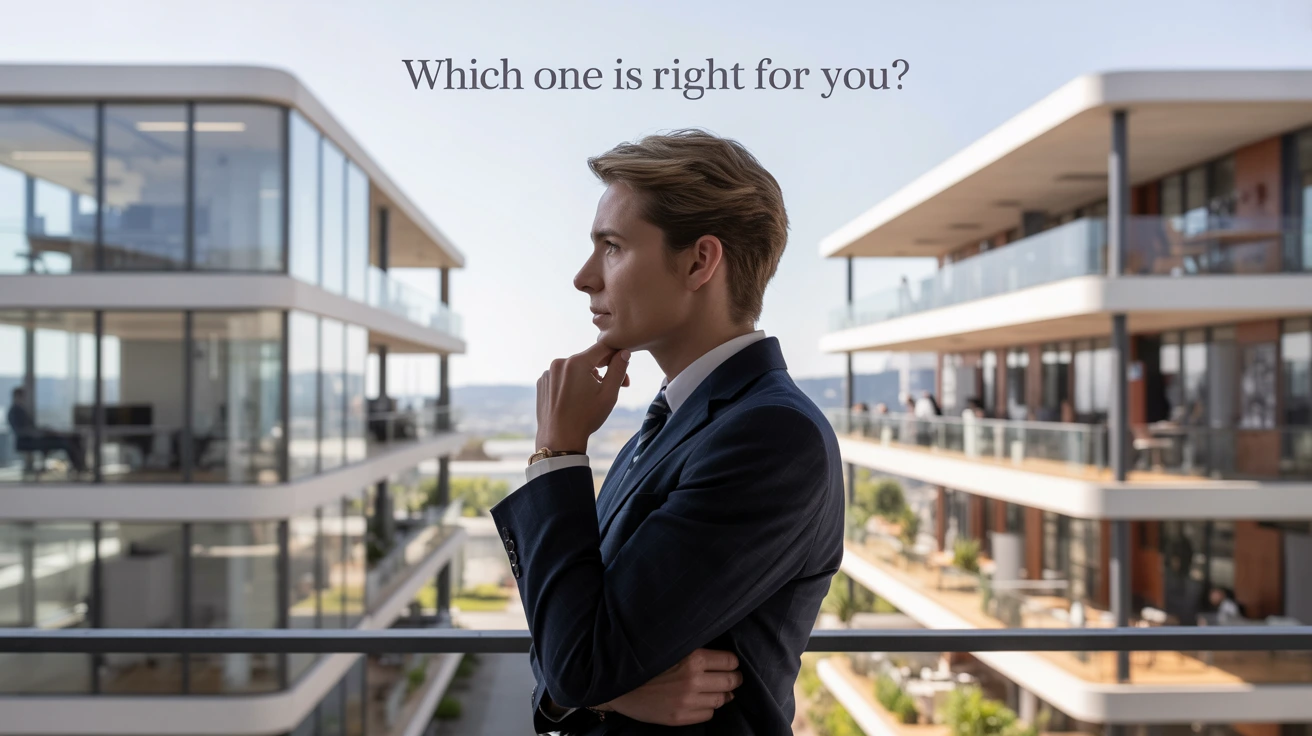 Professional choosing between shared office and coworking space.