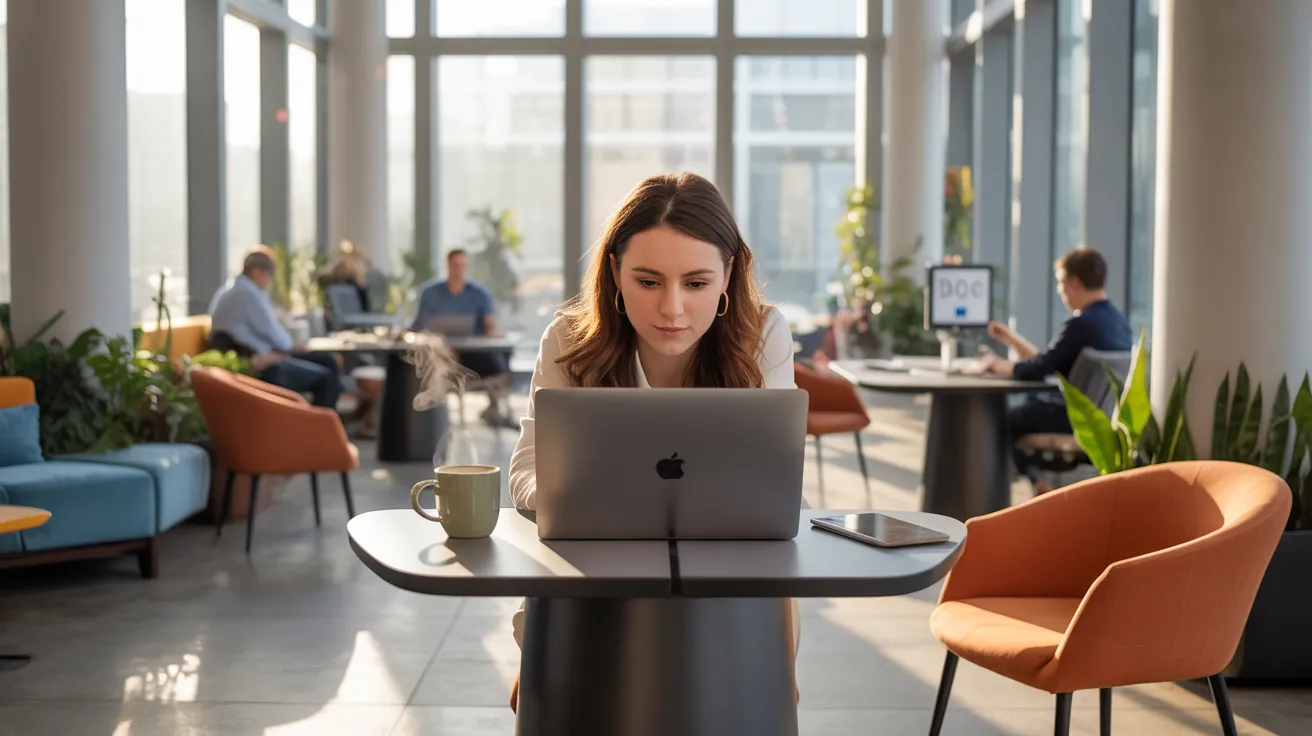 Professional working in a modern coworking space, representing hot desking.