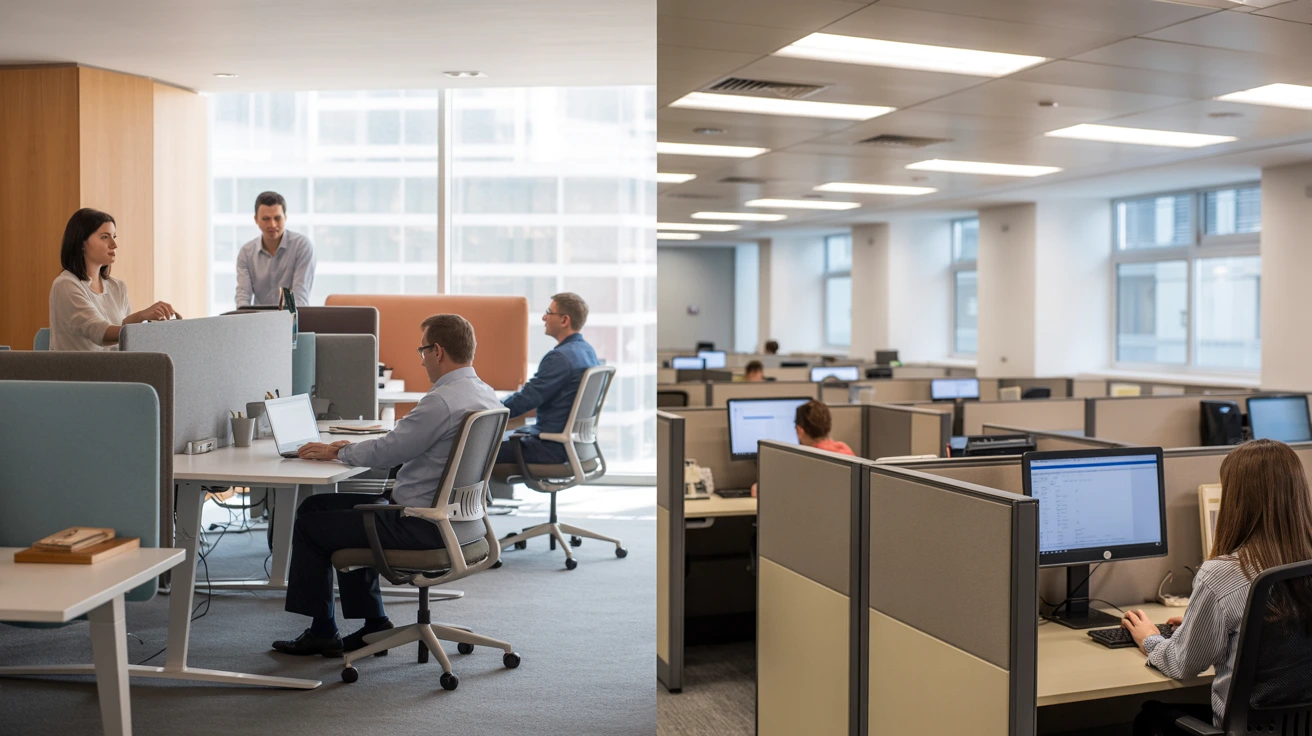 Split-screen image comparing a collaborative coworking space with open desks and team interaction on the left, and a traditional office setup with individual cubicles and employees working separately on the right.