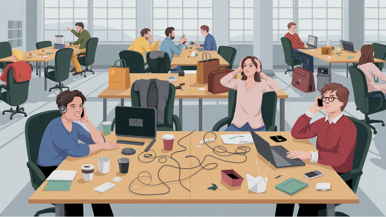 Hot desk coworking space showing common etiquette mistakes like loud phone calls, cluttered desks, and desk hogging.