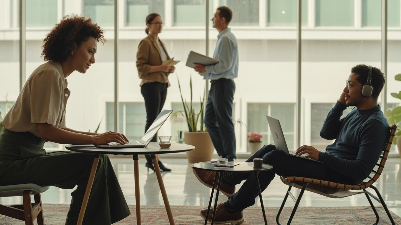 Professionals working in a modern flexible workspace with laptops, shared seating, and collaborative environment