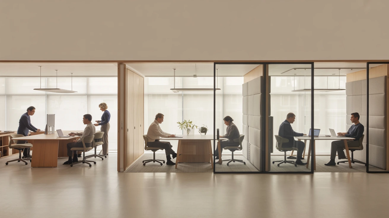 Flexible workspace with open desks and private offices showing different work styles in a modern office environment