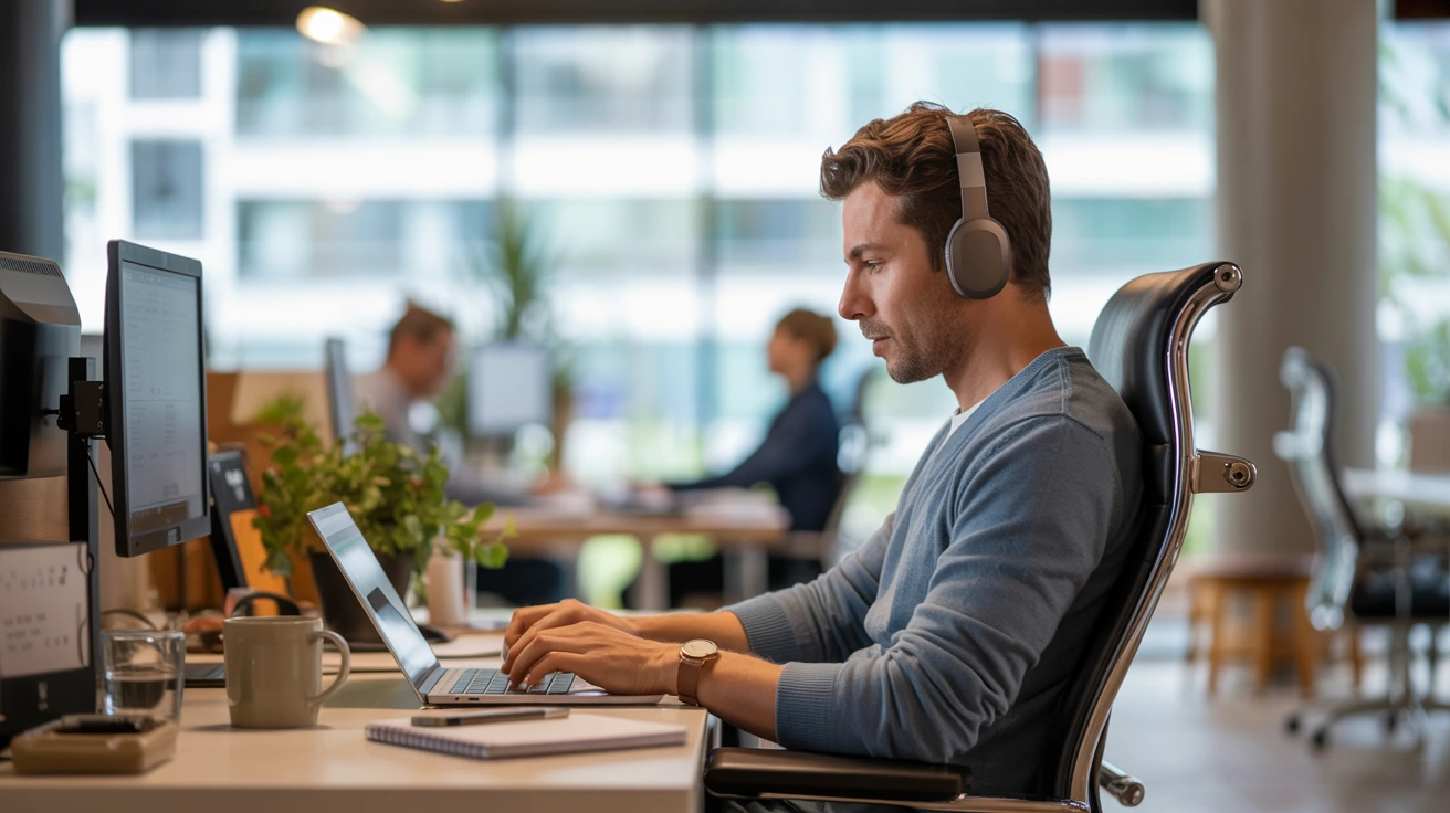 A professional man wearing headphones works on a laptop at a modern coworking office desk, with colleagues blurred in the background, illustrating focused remote work and a calm, productive workspace environment.