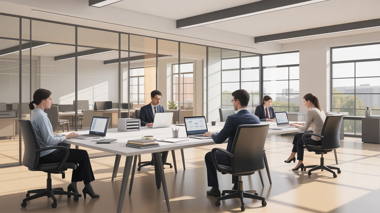 Modern open-plan office with professionals working on laptops at shared desks, featuring glass-walled meeting rooms, natural daylight, and a clean, minimalist corporate workspace design.