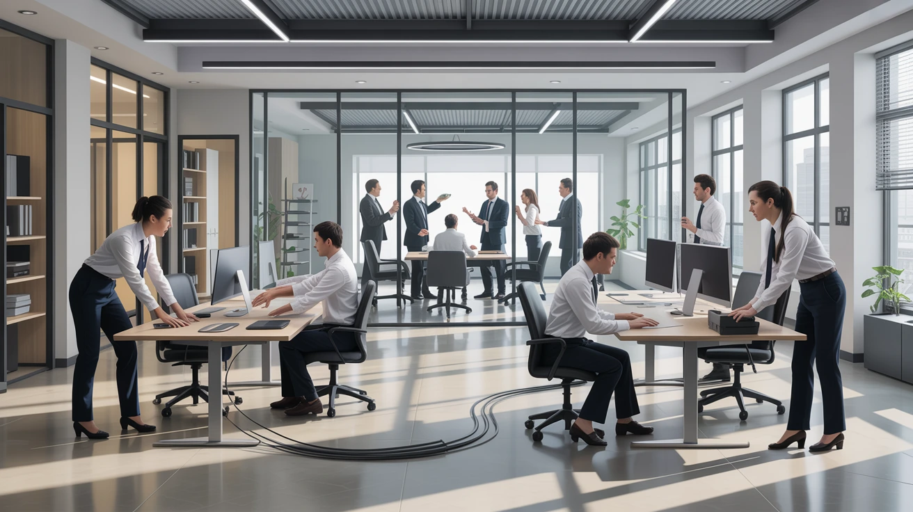 Modern managed office workspace with multiple teams working at dedicated desks and collaborating in a glass-walled meeting room, showcasing a fully serviced and professionally designed office environment.