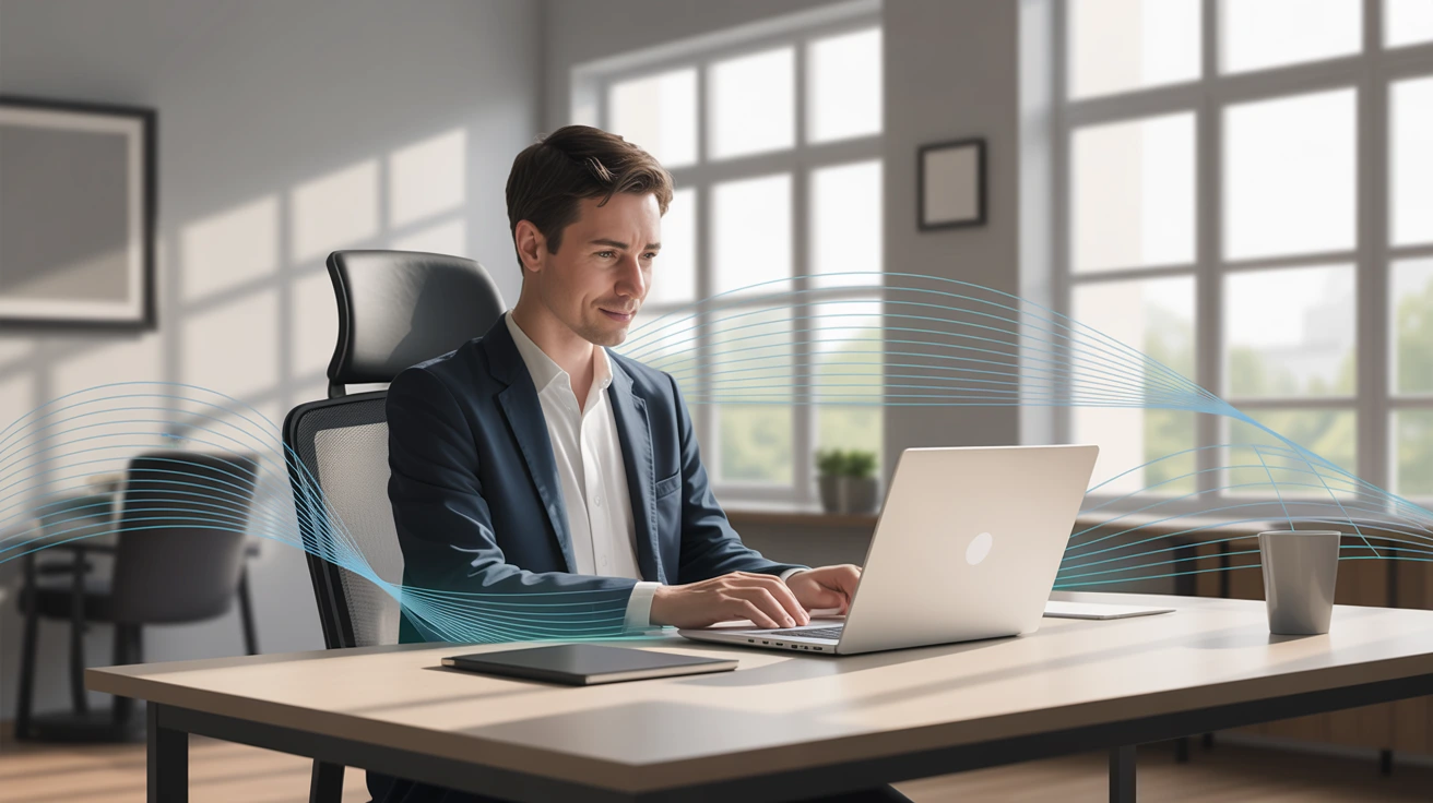 Professional working on a laptop in a coworking space with reliable high-speed internet, representing focused remote work, fast connectivity, and a modern flexible office setup.