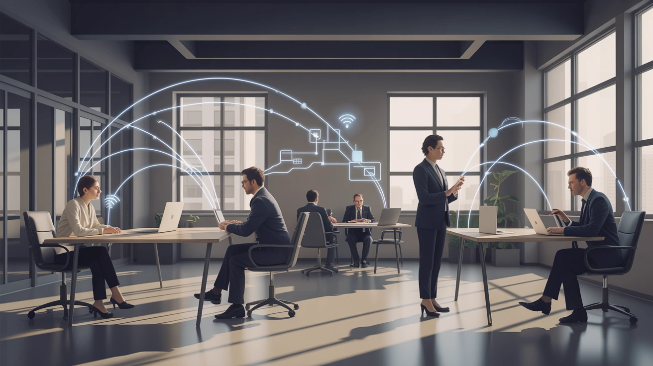 Professionals working in a modern coworking space with high-speed internet connectivity, showcasing seamless collaboration, stable Wi-Fi networks, and a productive shared workspace environment.