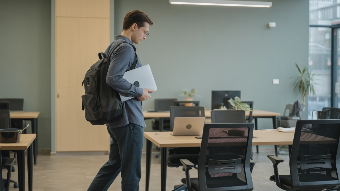 Freelancer entering a coworking space and choosing an available hot desk with laptop and backpack