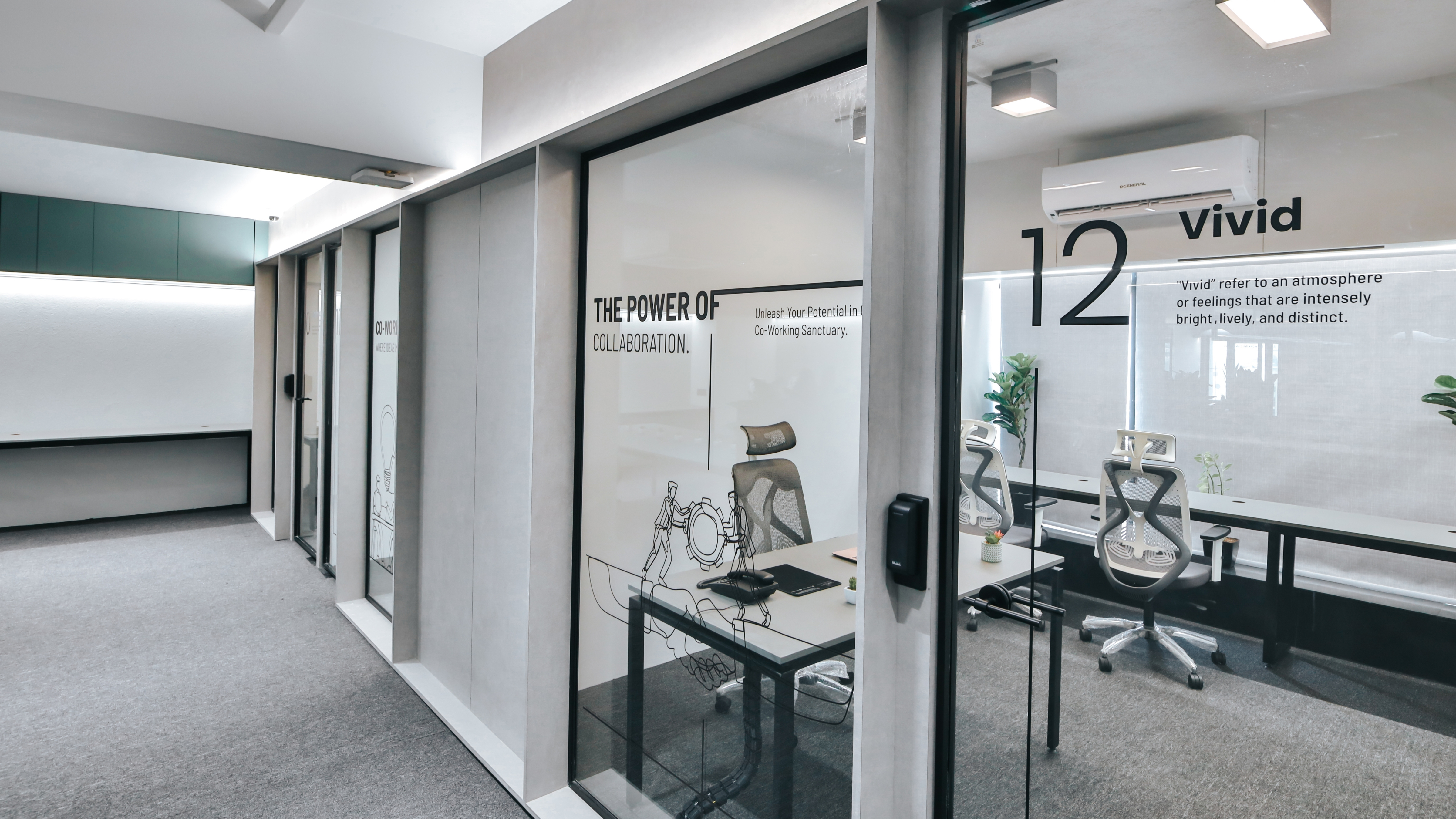 Glass-walled private office cabins inside a modern coworking space, featuring ergonomic chairs, work desks, and a quiet professional environment for small teams.