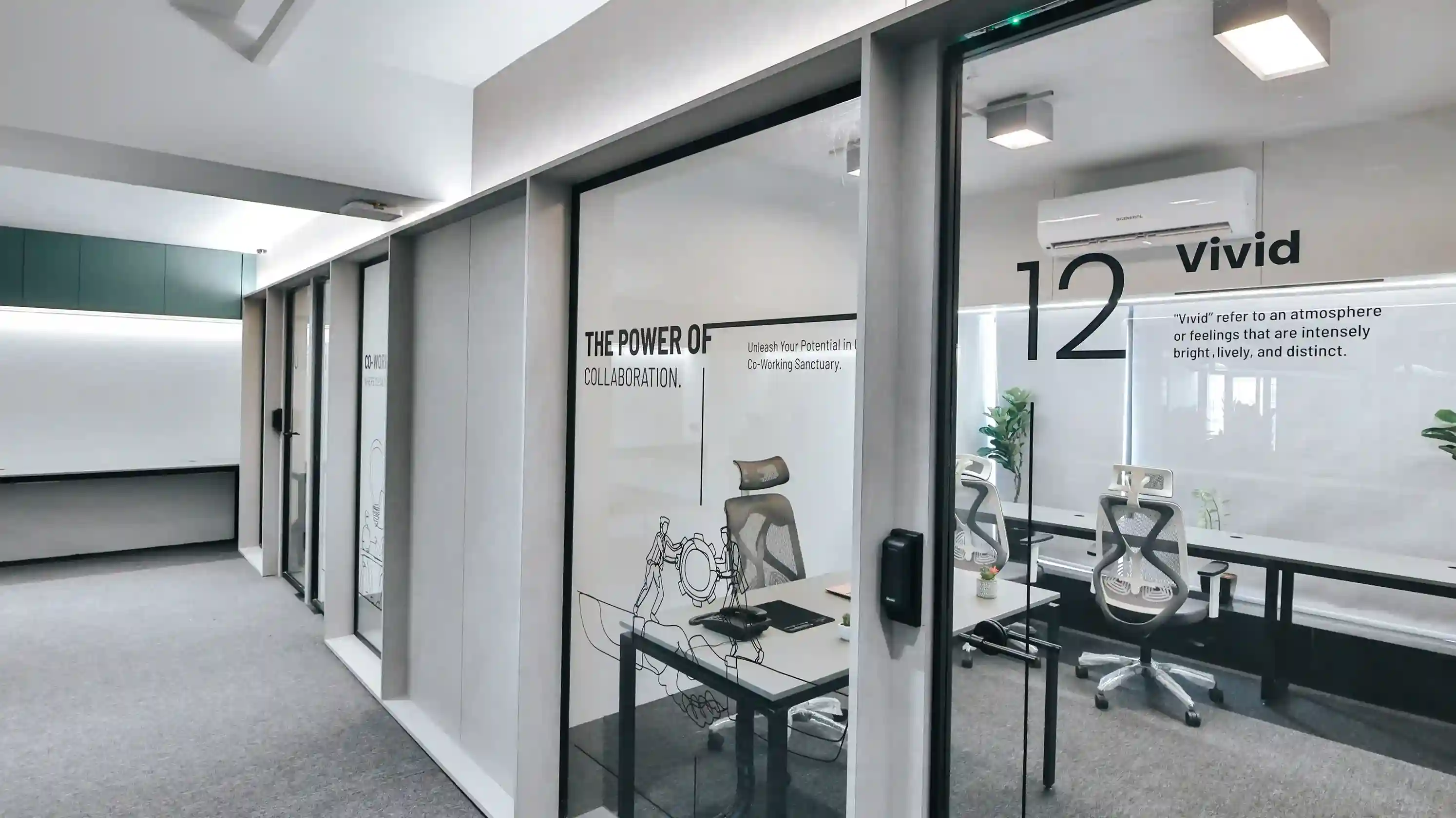 Modern coworking office corridor with glass meeting rooms, ergonomic chairs, and motivational wall graphics highlighting collaboration in a professional workspace