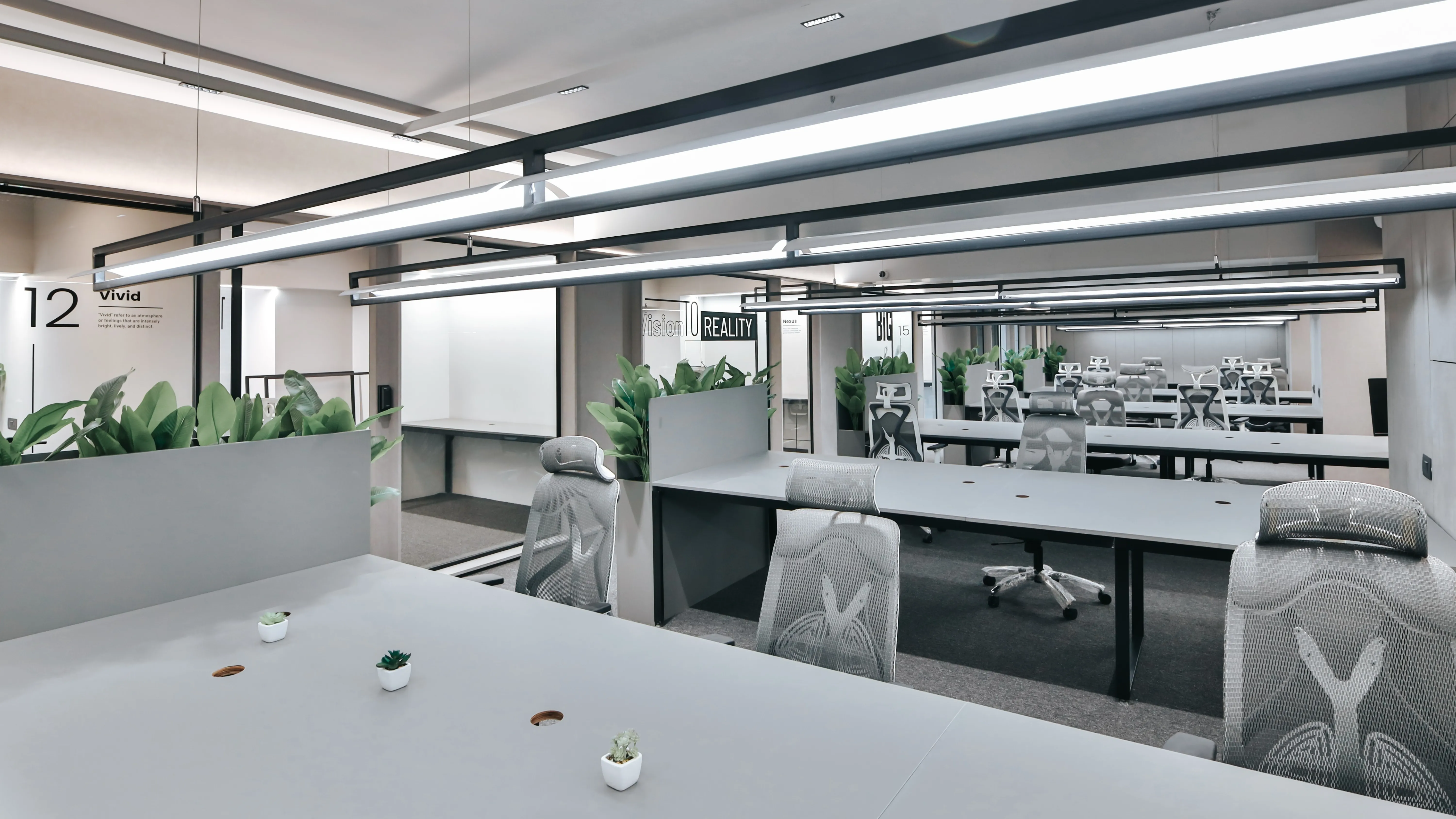 Spacious coworking and virtual office workspace with ergonomic chairs, shared desks, indoor plants, and a clean modern office layout