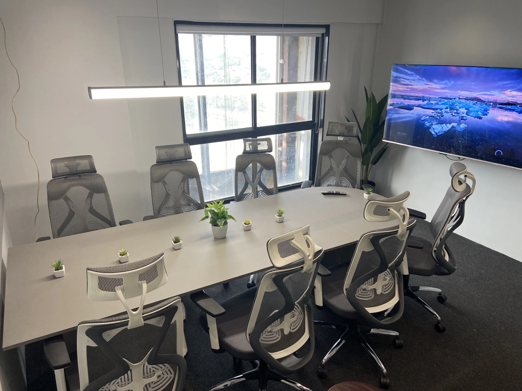Modern meeting room with a large conference table, ergonomic office chairs, indoor plants, a wall-mounted display, and large windows in a bright professional workspace.